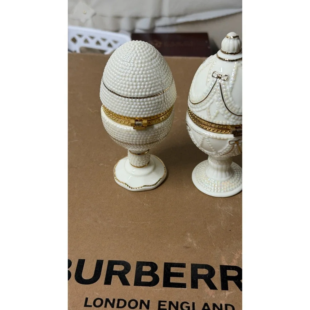 Ivory Elegance Fabergé-Style Hinged Egg Trinket Boxes Set of 2 Gold Trim